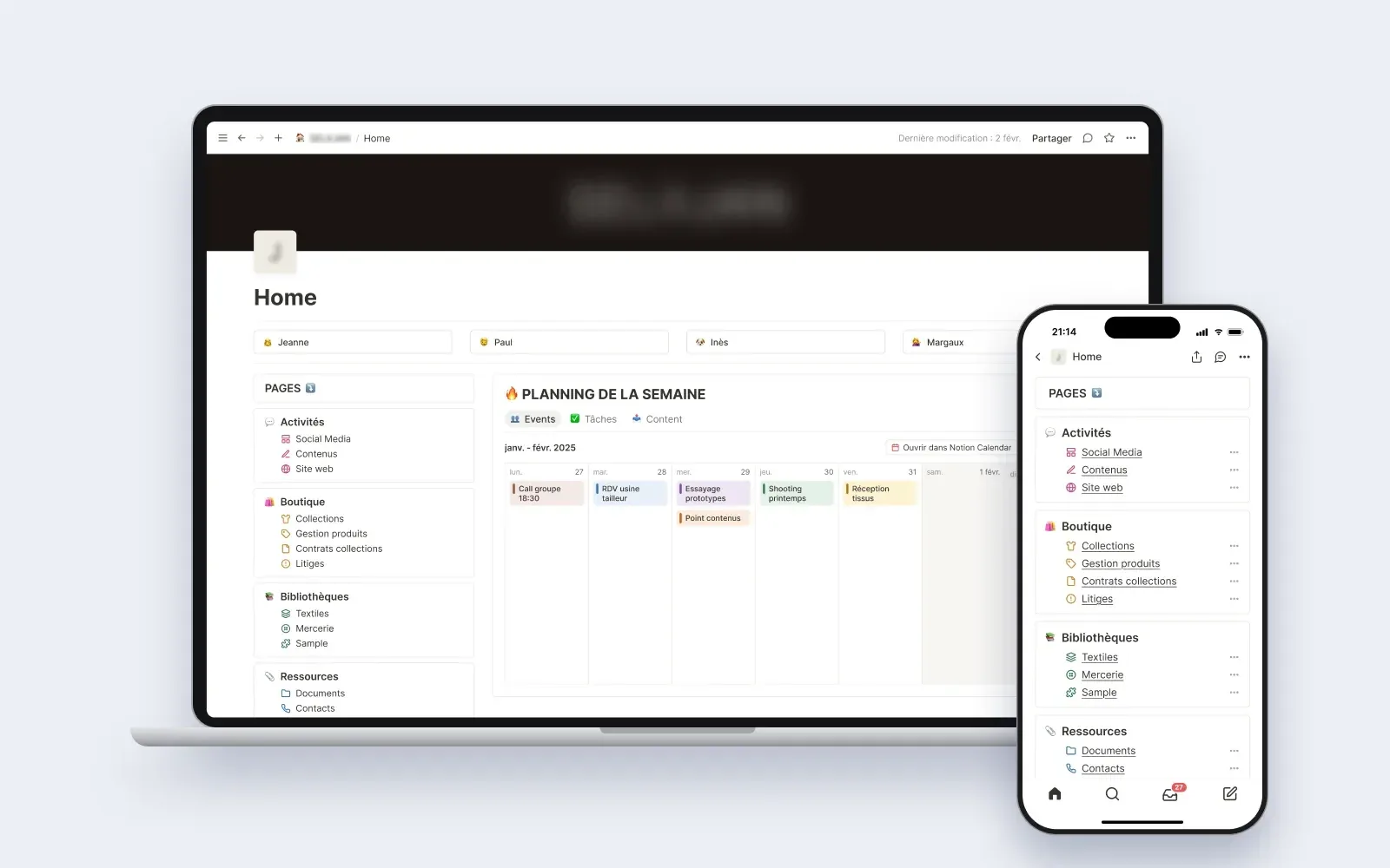 L’accueil de l’espace de la marque sur ordinateur et sur téléphone, avec le menu des pages et le planning de la semaine