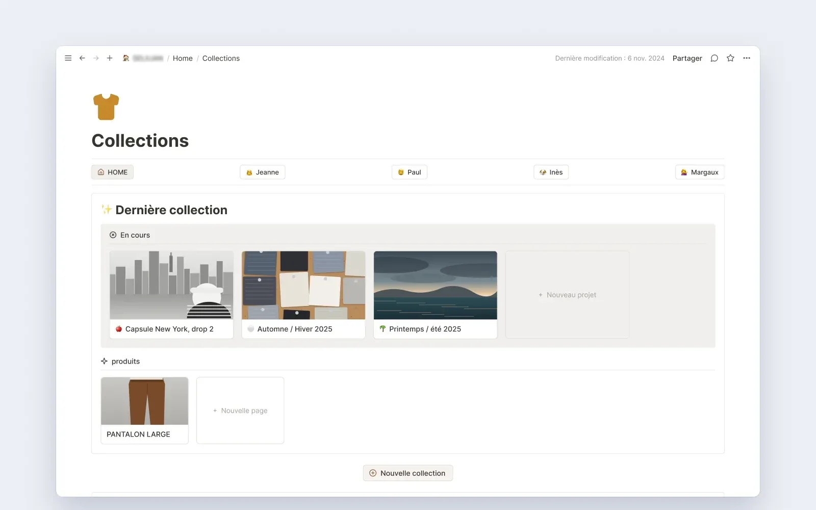 La page Collections avec les collections en cours et les produits rattachés