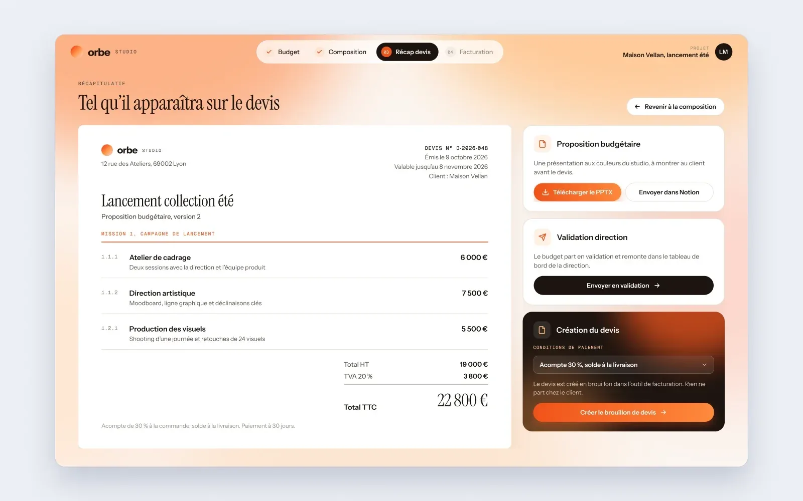 L’écran de récapitulatif avec l’aperçu du devis et les actions de validation et de facturation