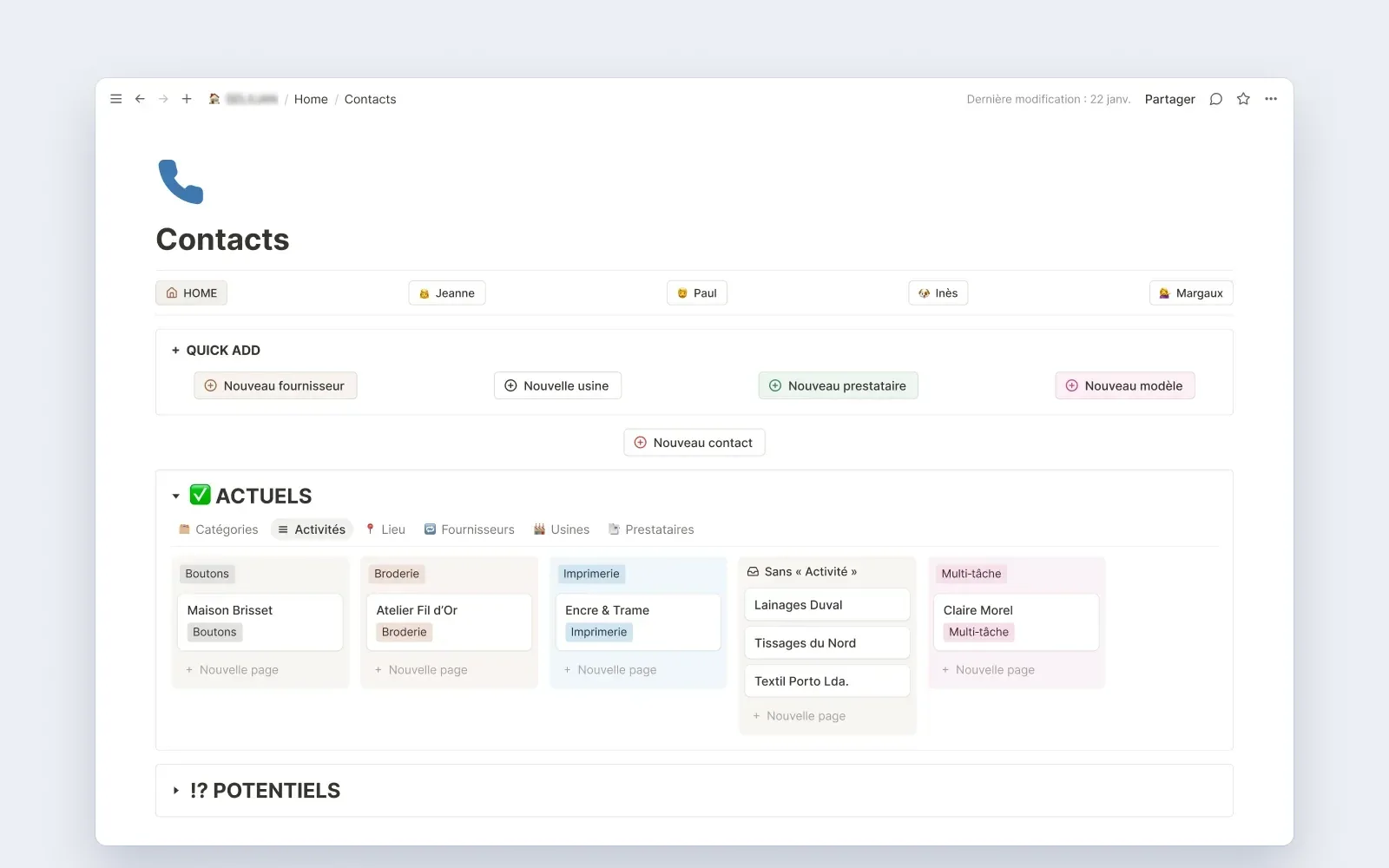 La page Contacts avec les boutons d’ajout rapide et le tableau des partenaires par activité