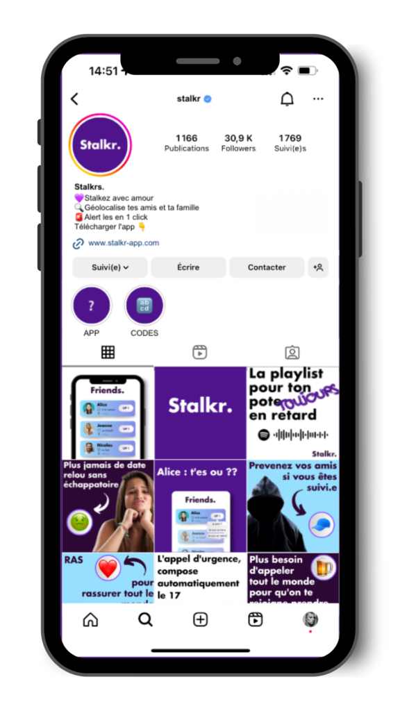 Capture d’écran de de la page Instagram de Stalkr, affichant la biographie et les dernières publications.