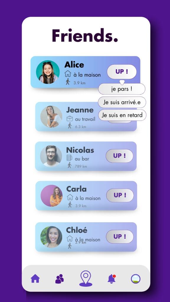 Capture d’écran de l’onglet “Friends” de Stalkr, affichant la liste des amis et leur localisation.