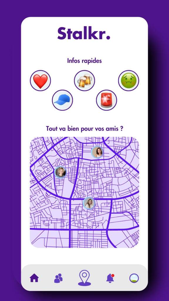 Interface d’accueil de Stalkr, mettant en avant les raccourcis d’interaction et la carte des amis.