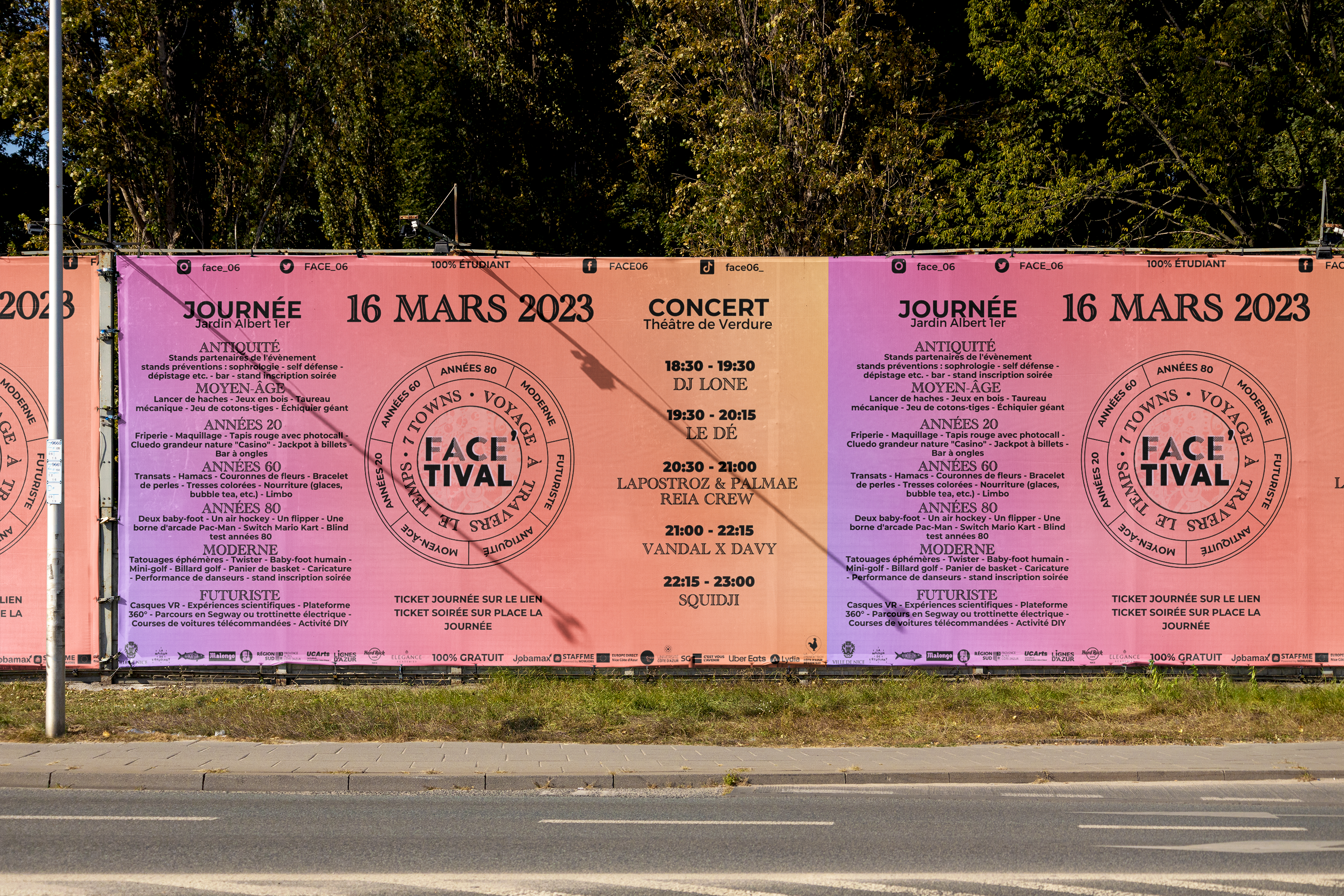 Bannière promotionnelle du FACE’TIVAL, festival étudiant organisé par la FACE06, affichant le programme des activités et des concerts du 16 mars 2023.