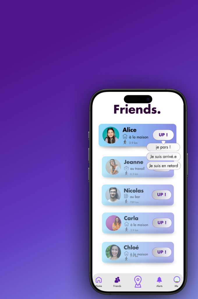 Aperçu de l’application Stalkr., un service de géolocalisation entre amis, affiché sur un smartphone avec une interface moderne et intuitive.