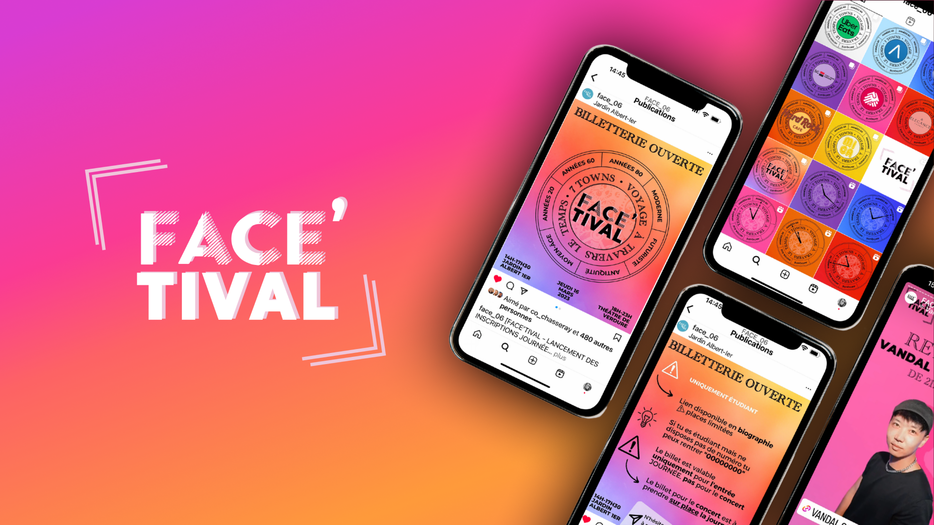 Présentation visuelle du projet de communication évènementielle FACE’TIVAL, incluant la stratégie digitale et l’identité graphique du festival étudiant. Aperçu des publications Instagram et branding événementiel.