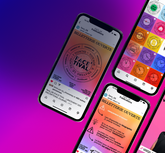 Aperçu d’une campagne Social Media pour le Face Tival, mettant en avant des publications Instagram colorées sur smartphone.