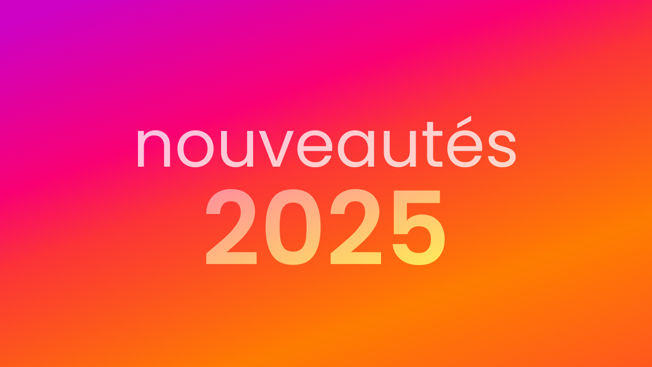 Visuel coloré avec un fond dégradé rose-orange et le texte ‘nouveautés 2025’ pour illustrer les mises à jour d’Instagram