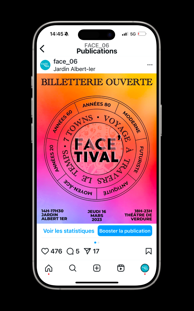 Publication Instagram annonçant l’ouverture de la billetterie du FACE’TIVAL, avec une identité visuelle impactante et une mise en avant des horaires et lieux du festival.