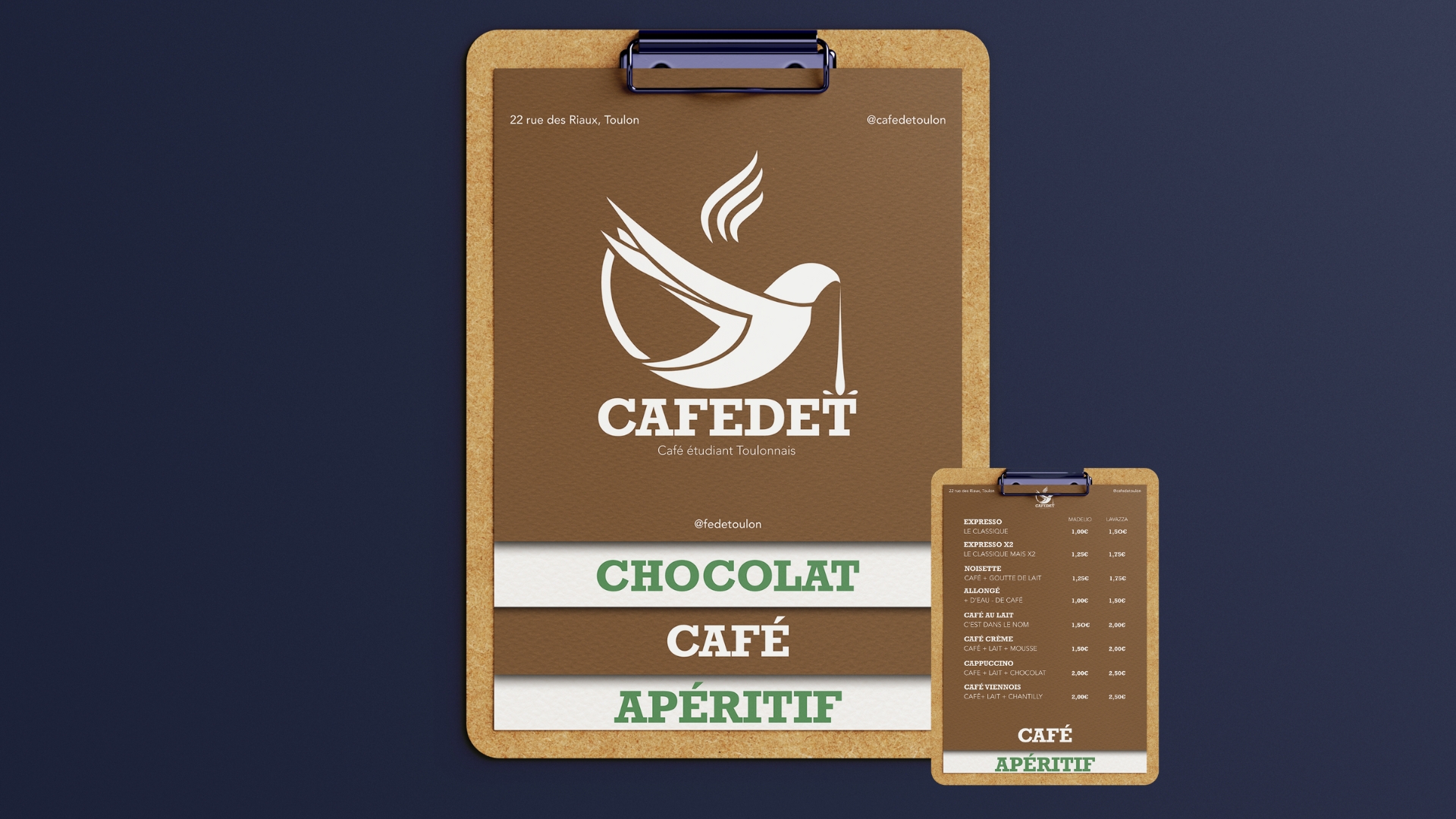 Design du menu et de l’identité visuelle du café étudiant Cafedet à Toulon, avec une palette de couleurs marron et verte.