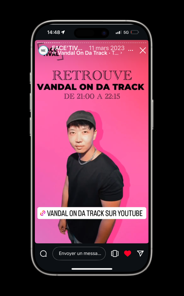 Story Instagram du FACE’TIVAL annonçant la présence de Vandal On Da Track sur scène, avec un call-to-action redirigeant vers sa chaîne YouTube.