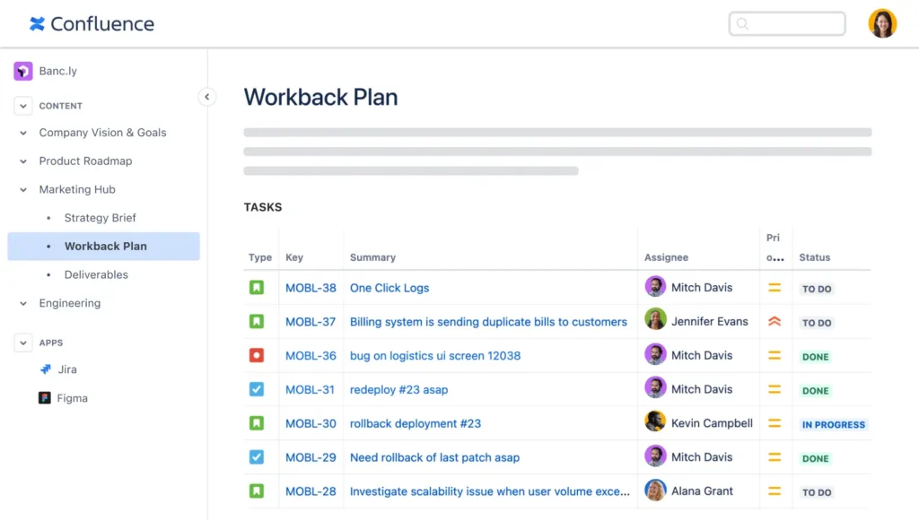 Interface de Confluence avec un plan de travail et des tâches assignées