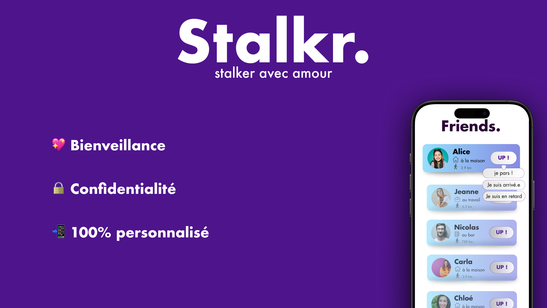 Aperçu de l’application Stalkr mettant en avant ses valeurs : bienveillance, confidentialité et personnalisation.