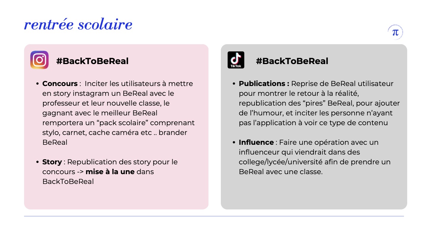 Aperçu de la campagne social media de BeReal. sur Instagram et TikTok pour la rentrée pour engager la communauté