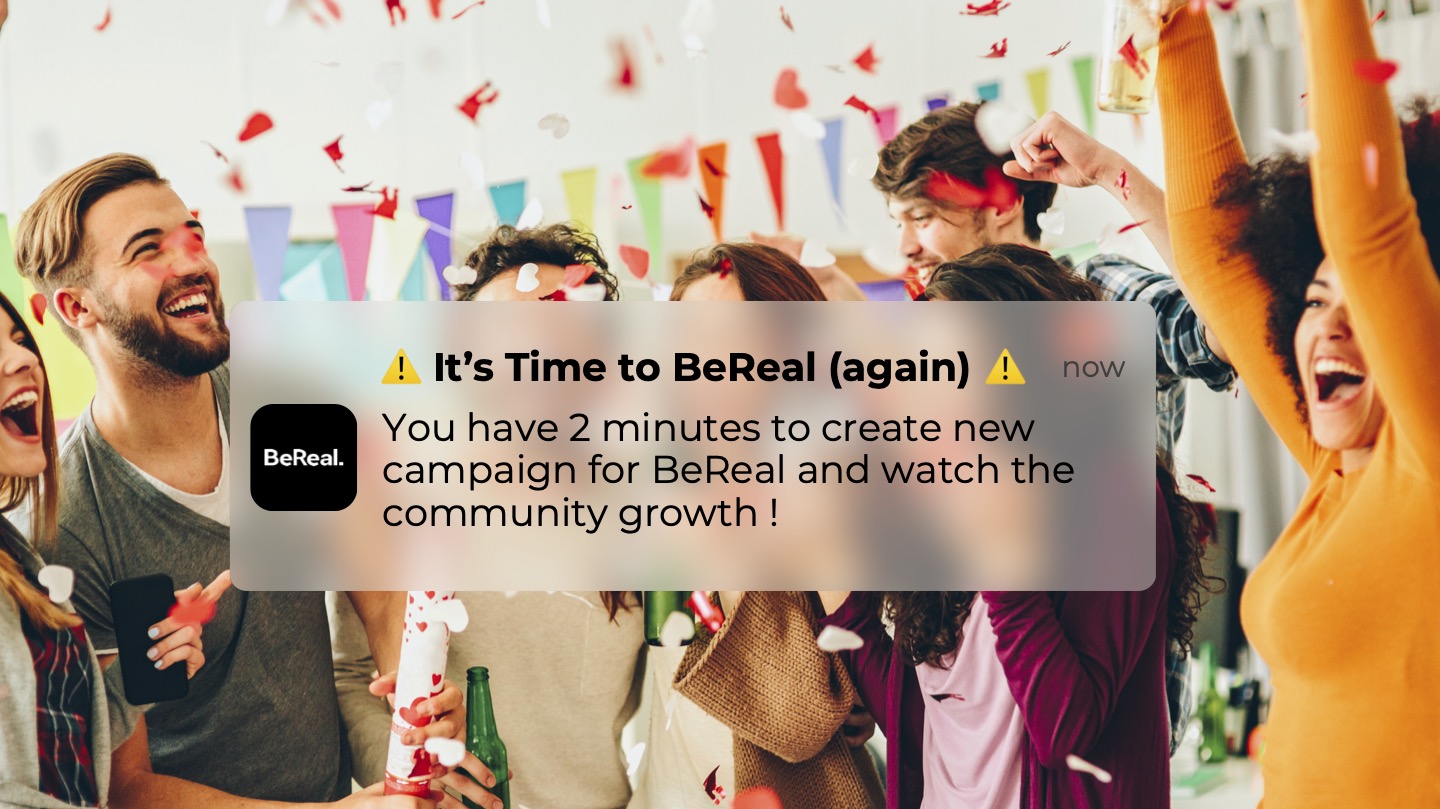 Notification BeReal affichée sur un ordinateur avec un groupe d’amis célébrant en arrière-plan.