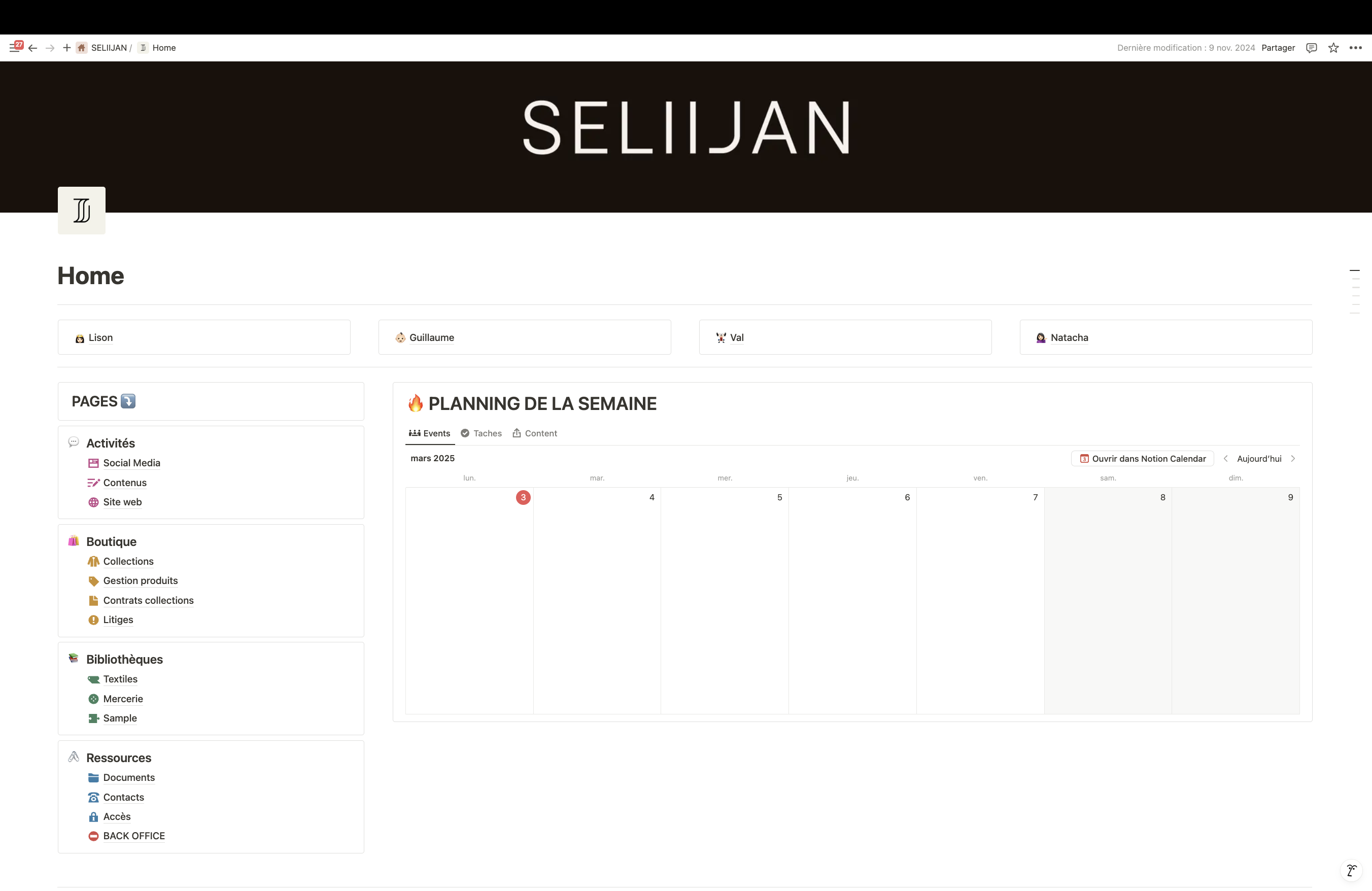 Capture d’écran de l’espace Notion de Seliijan, affichant la gestion du planning de la semaine et l’accès aux différentes sections de l’organisation.