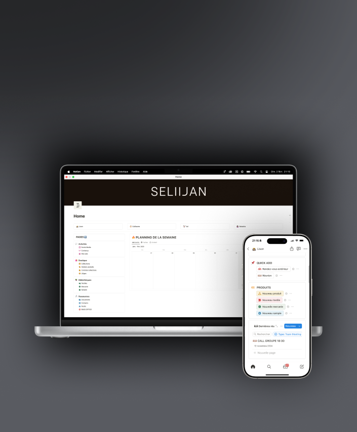 Aperçu de l’espace Notion de Seliijan affiché sur un MacBook et un iPhone, illustrant une gestion optimisée des tâches et du planning.