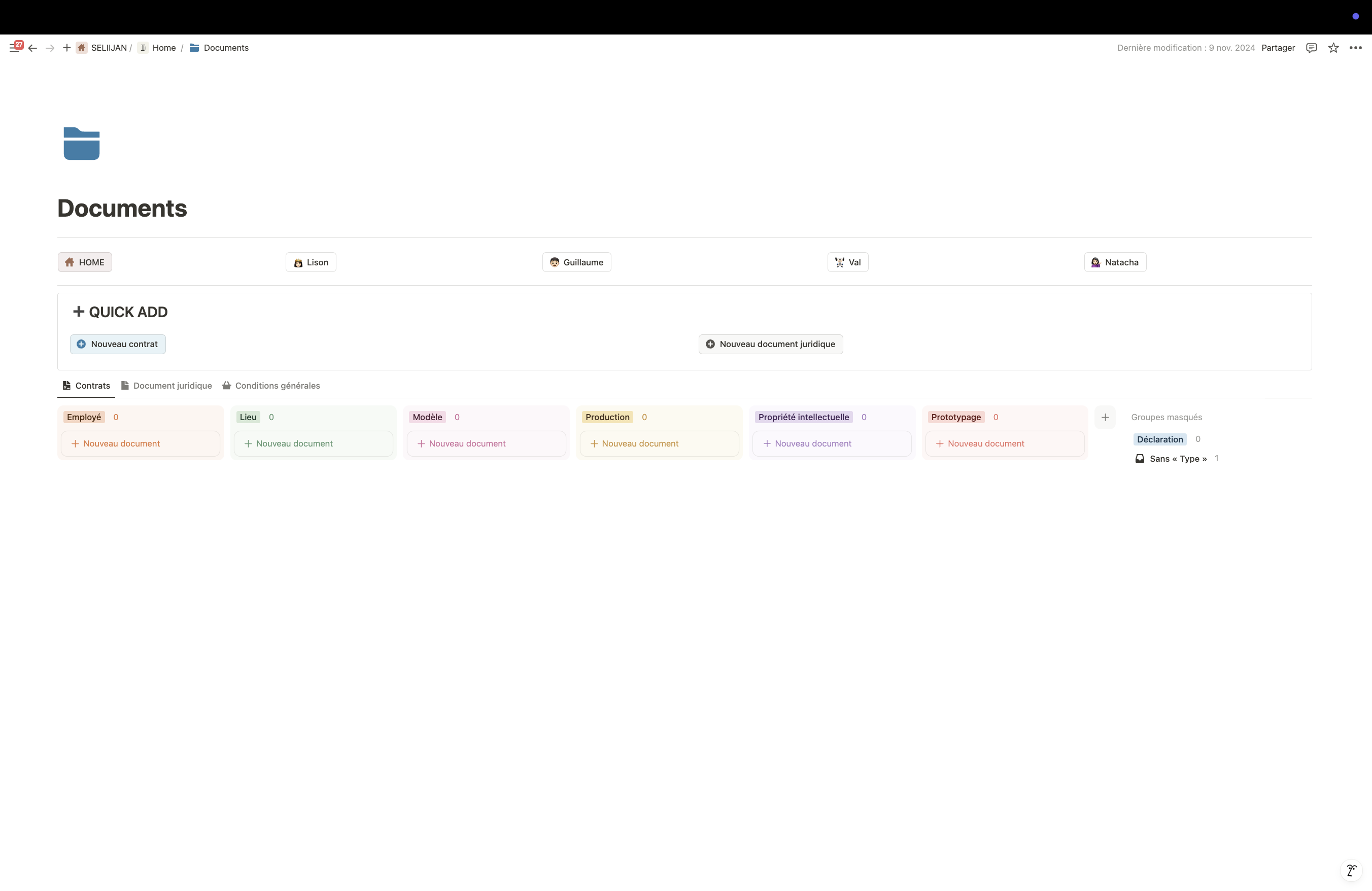 Vue de l'espace Notion de la gestion des documents et contrats pour Seliijan, classés par catégories.