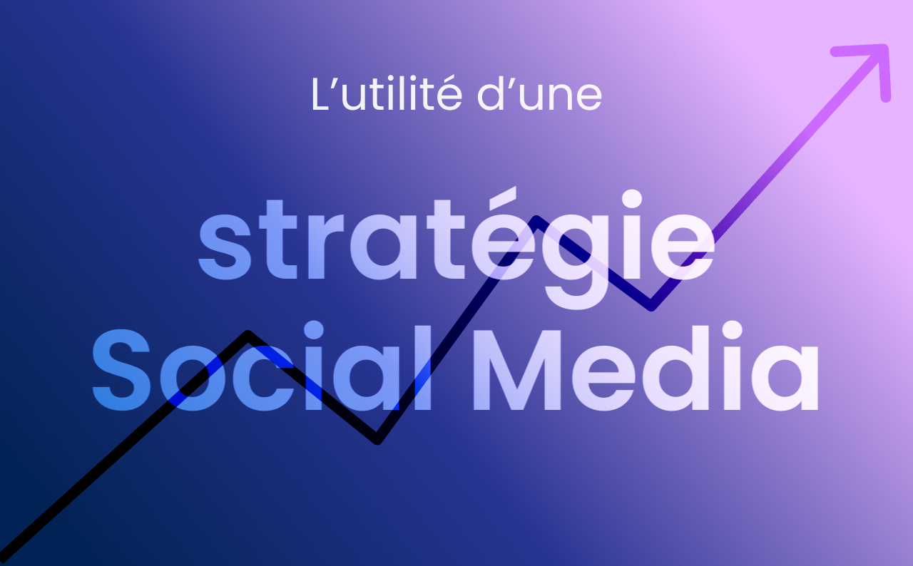 Graphique illustrant la montée en puissance d’une stratégie social media, avec un fond dégradé bleu-violet et une flèche ascendante.